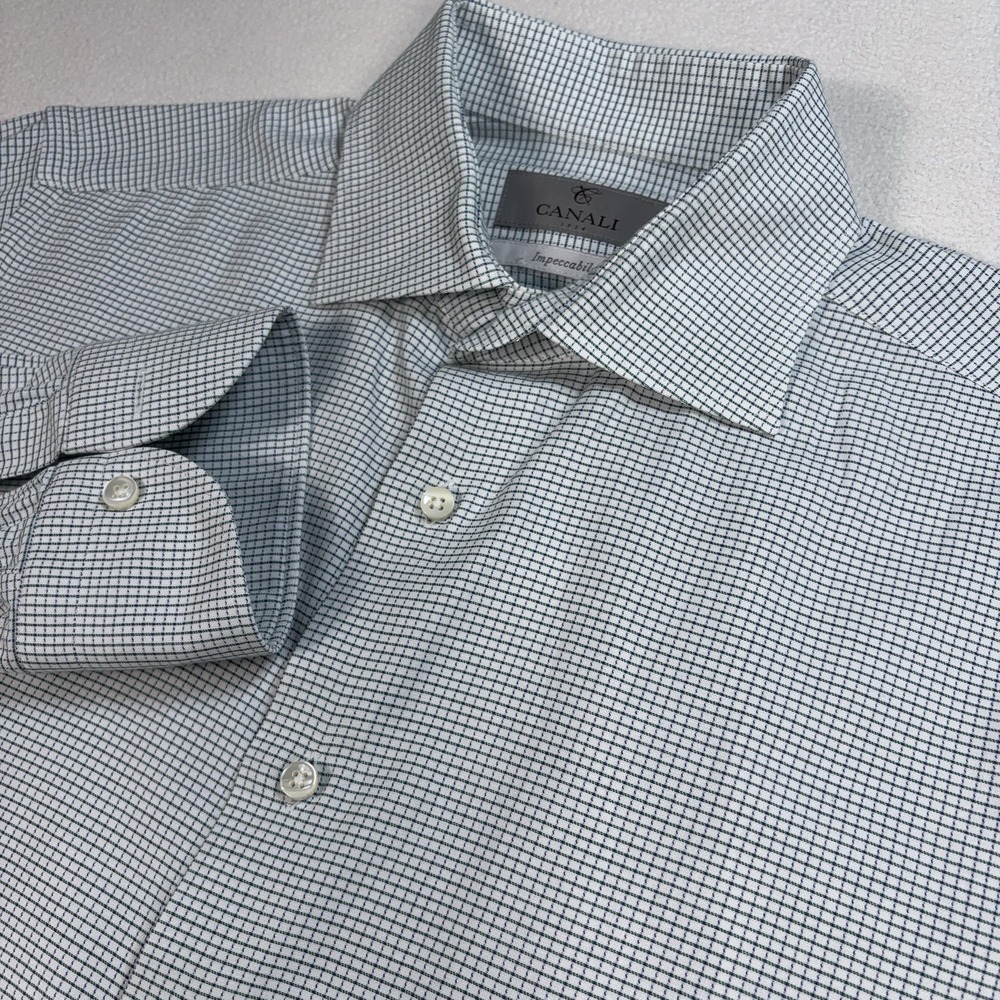 Canali Impeccabile Stretch Shirt Men's 39-15.5 Light Green Micro Plaid Geometric
